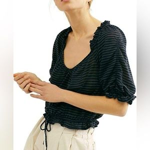 Free People Dorothy Drawstring Black Blue Sheer Striped Top